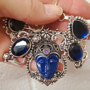 New Carved Goddess Face Iolite & Amethyst 925 Silver Bracelet.